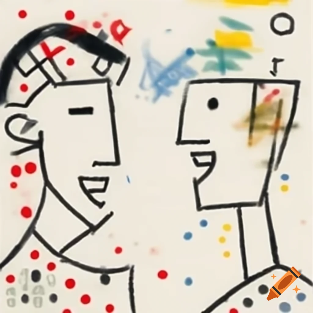 Abstract line drawing of two profiles laughing with geometric curves and watercolor