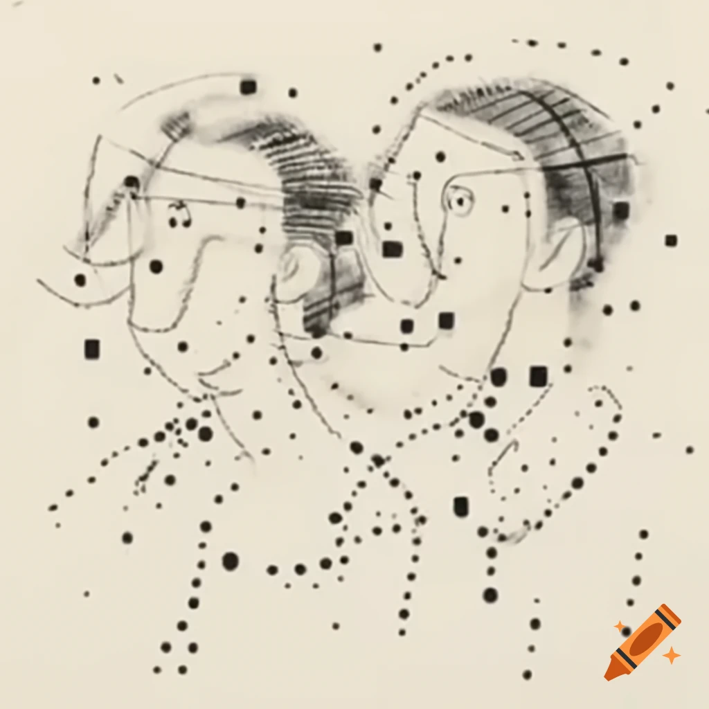 Abstract expressionist drawing of two laughing profiles with geometric shapes