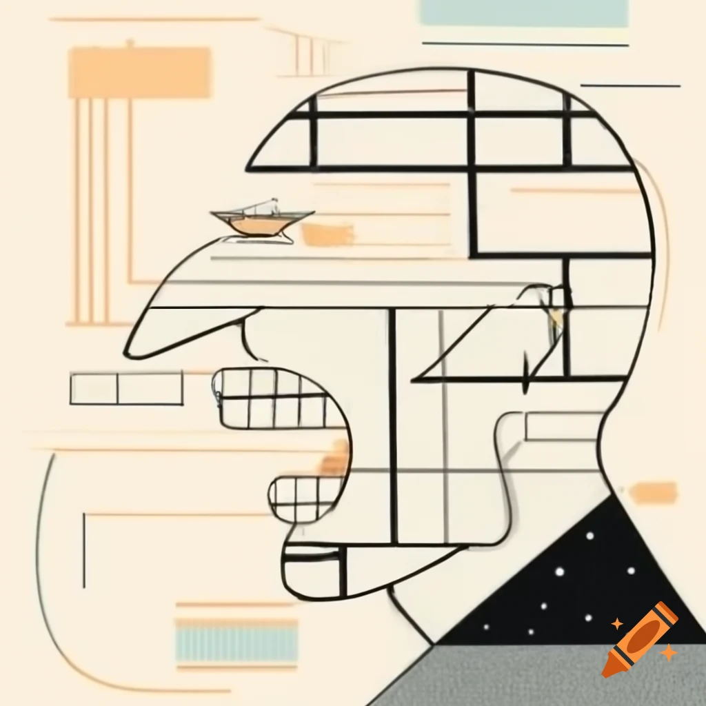 Abstract line drawing of laughing profile in Mondrian and expressionism style