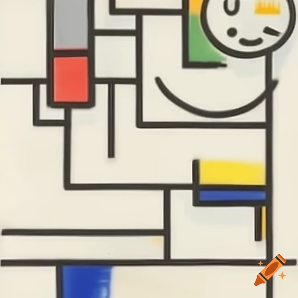 Abstract line drawing of a laughing face in Mondrian and expressionism style with geometric shapes in primary colors