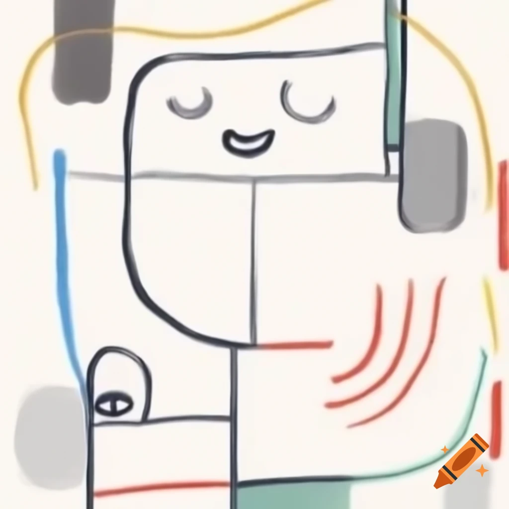Abstract line drawing of a laughing face in Mondrian and expressionism style with geometric shapes in primary colors