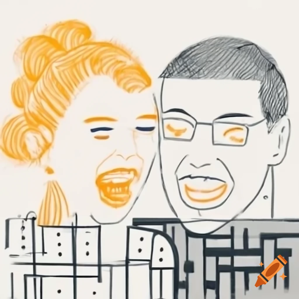 Abstract line drawing of two laughing profiles in Mondrian and expressionism style