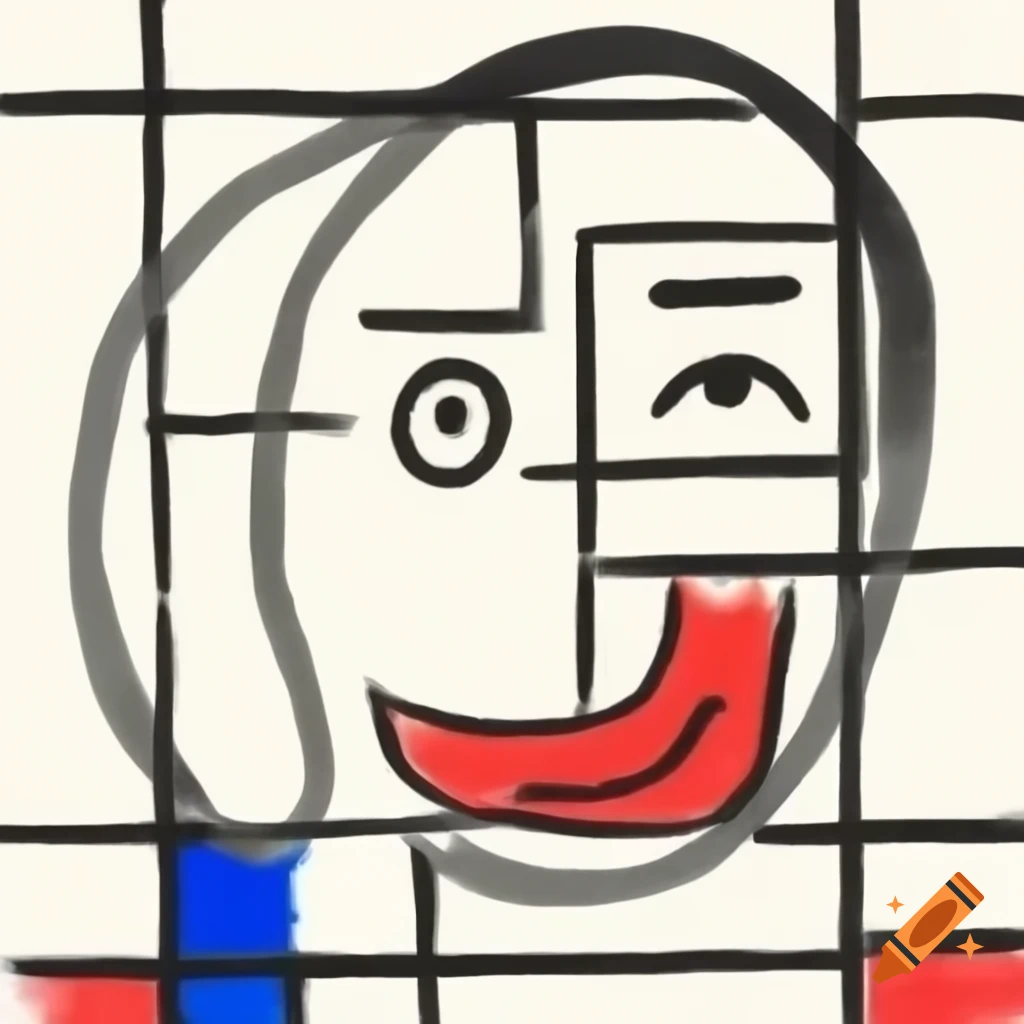 Abstract line drawing of a laughing face in Mondrian and expressionism style with geometric shapes