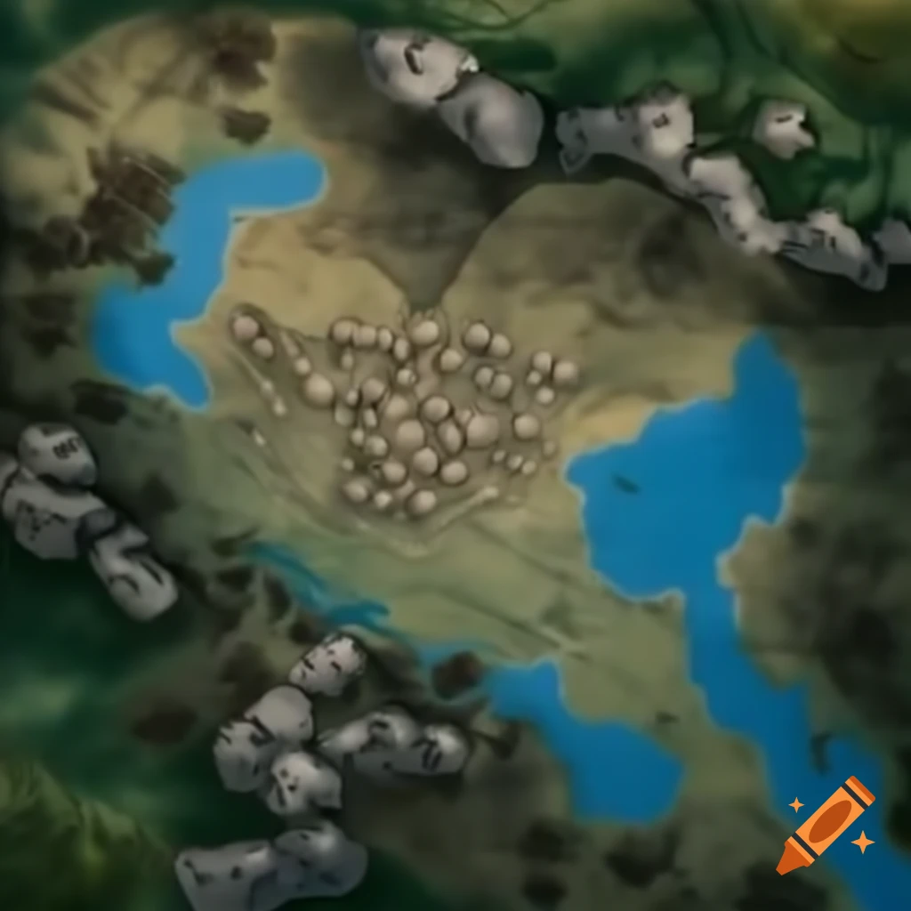 2D map with worn edges depicting a large city in the center on Craiyon