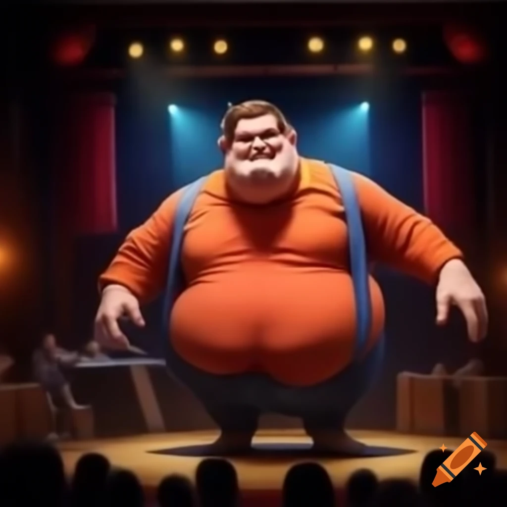 Fat stand-up comedian performing live on stage with humorous backdrop ...