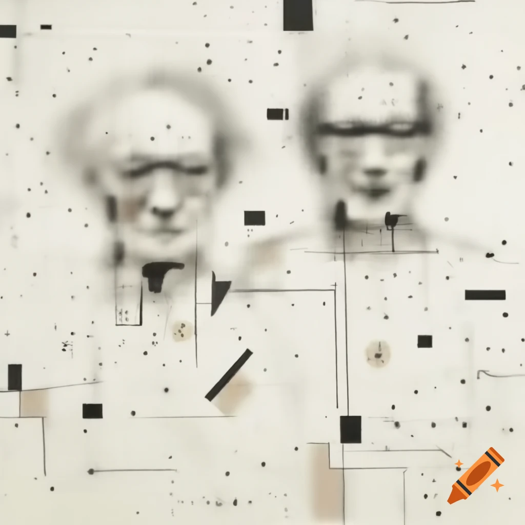 Abstract line drawing of two sarcastic figures in Mondrian and Pollock style