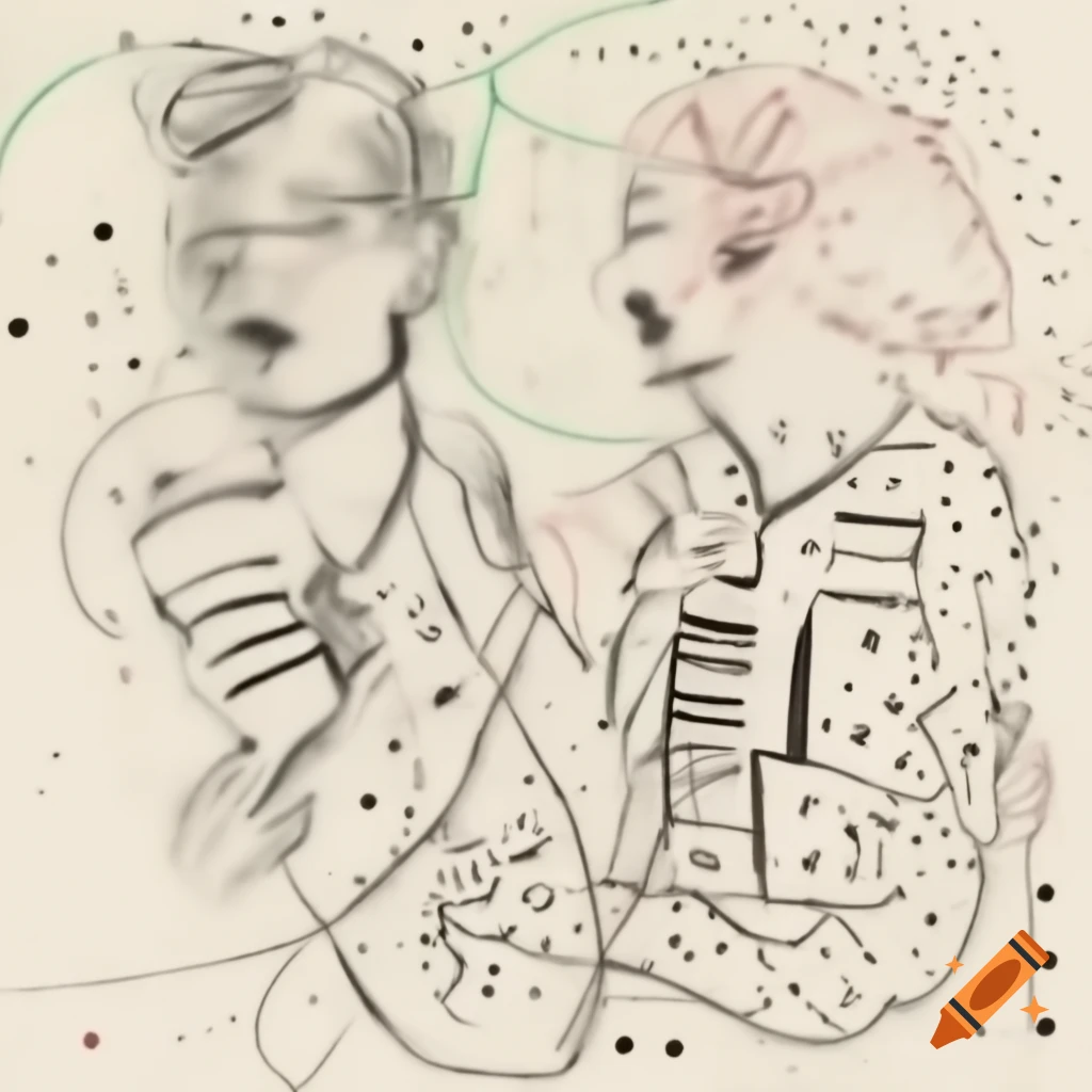 Abstract line drawing of two laughing profiles in Mondrian and Pollock style