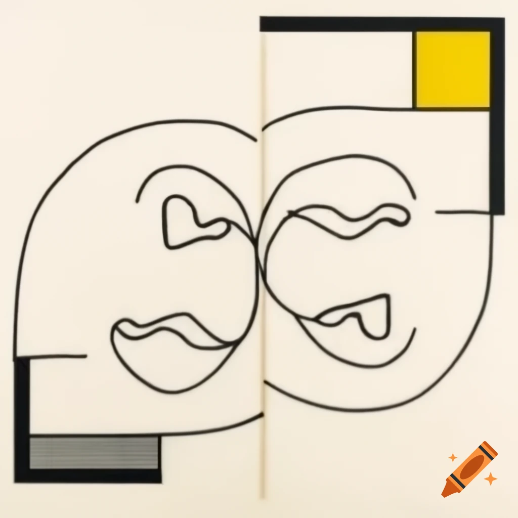 Abstract line drawing of two laughing profiles in Mondrian and matrix style