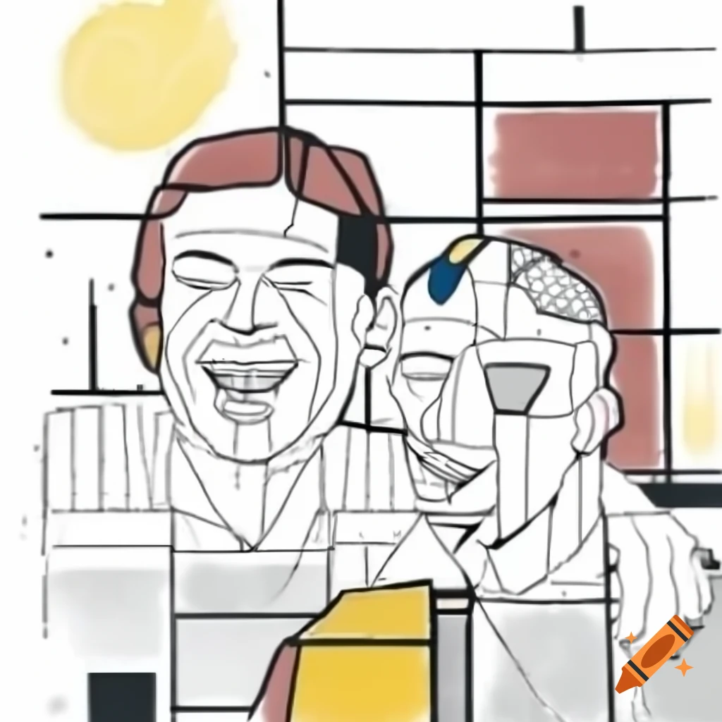 Abstract line drawing of two laughing profiles in Mondrian and expressionism style