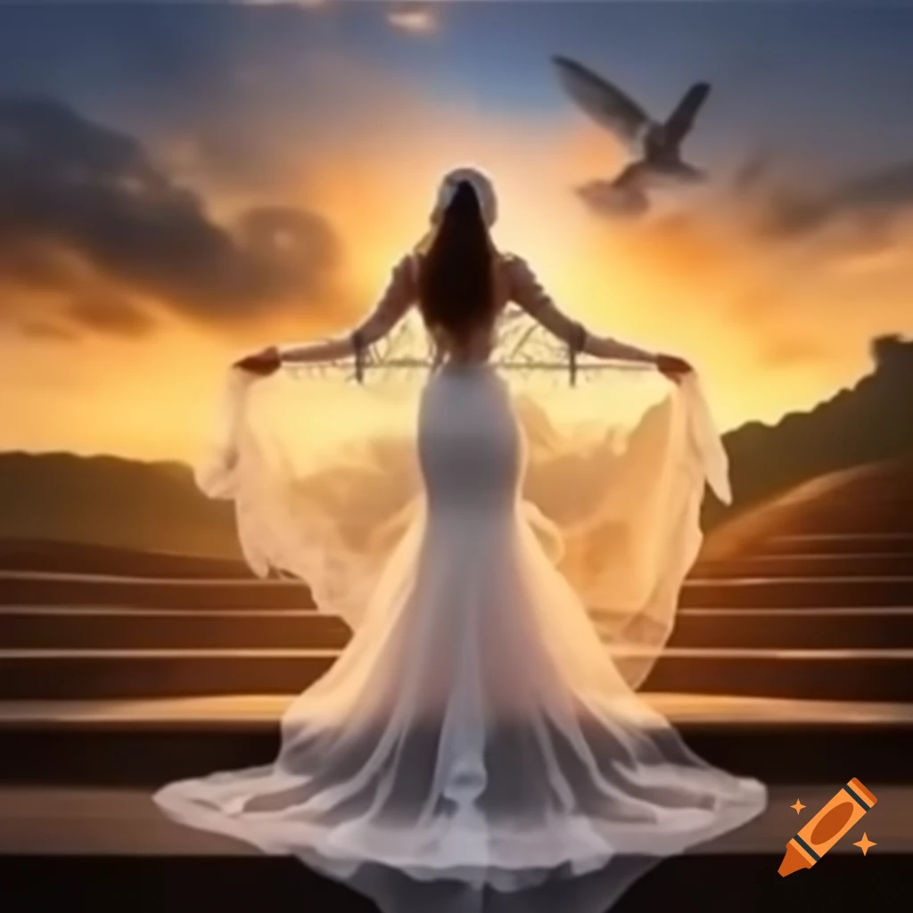 Bride in elegant lacy gown and embroidered shawl facing illuminated stairs