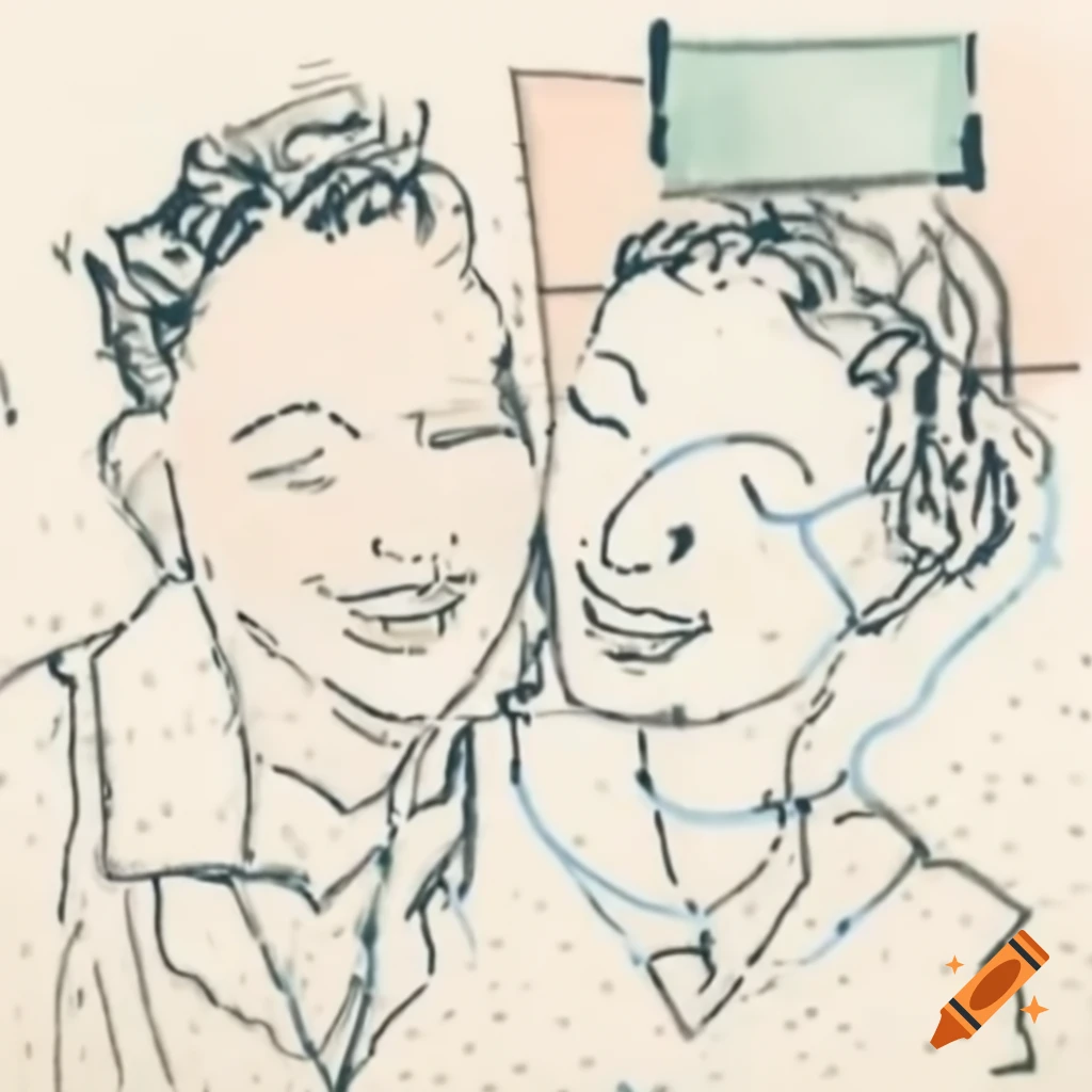 Abstract expressionist drawing of two laughing profiles with geometric shapes