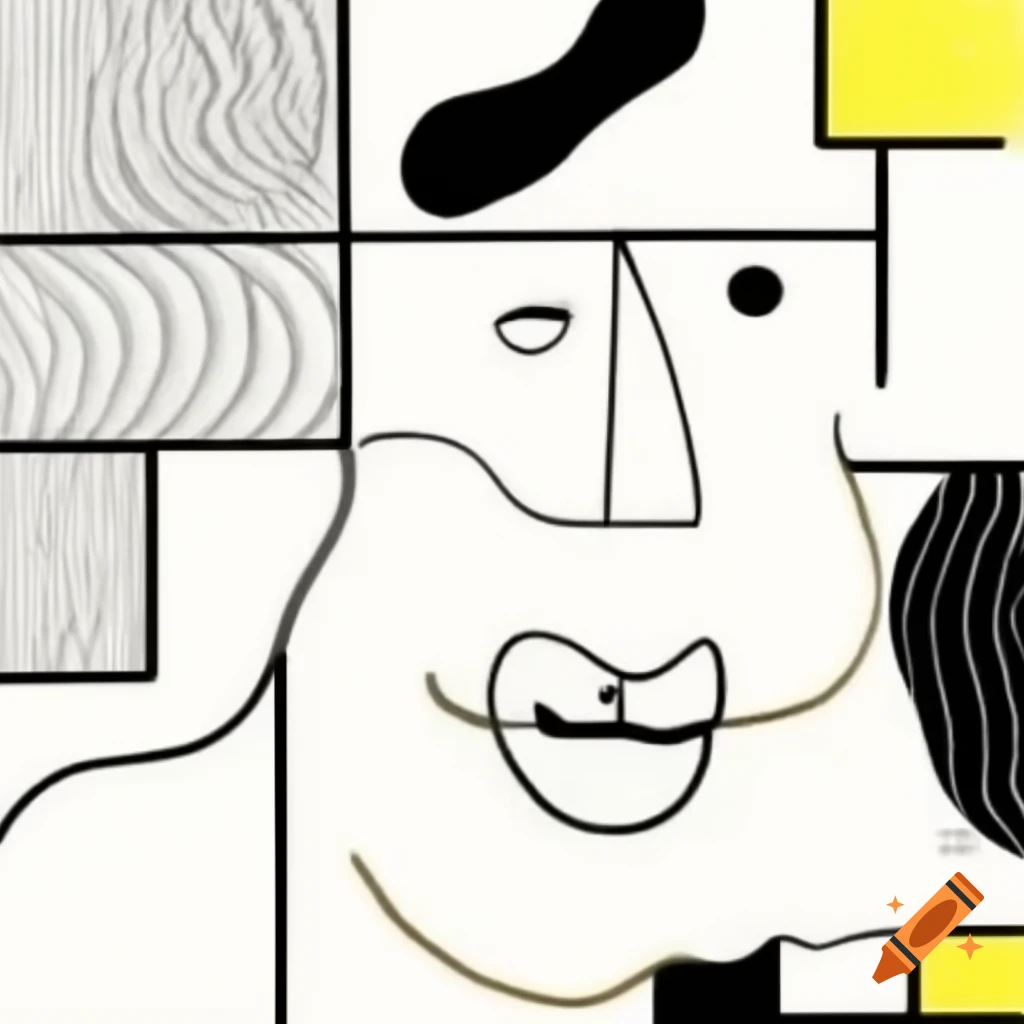 Abstract line drawing of a laughing face in Mondrian and expressionism style with geometric curves