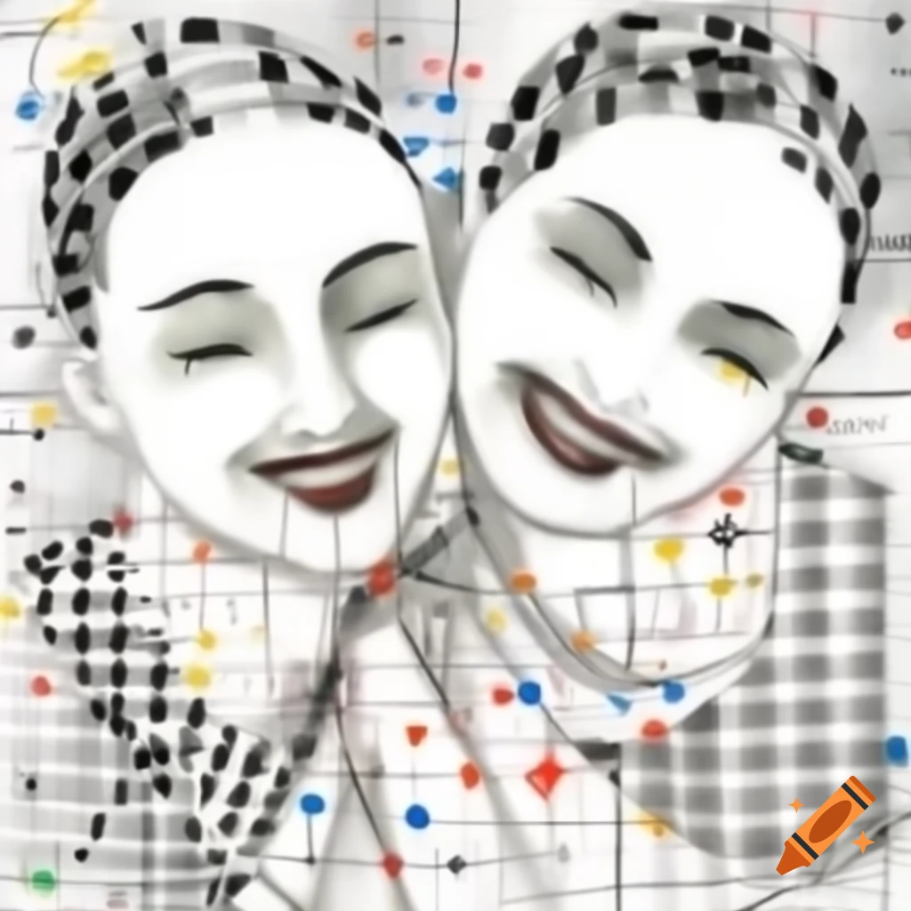 Abstract expressionist drawing of two laughing profiles with geometric shapes