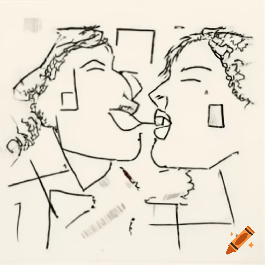 Abstract expressionist drawing of two laughing profiles with geometric shapes