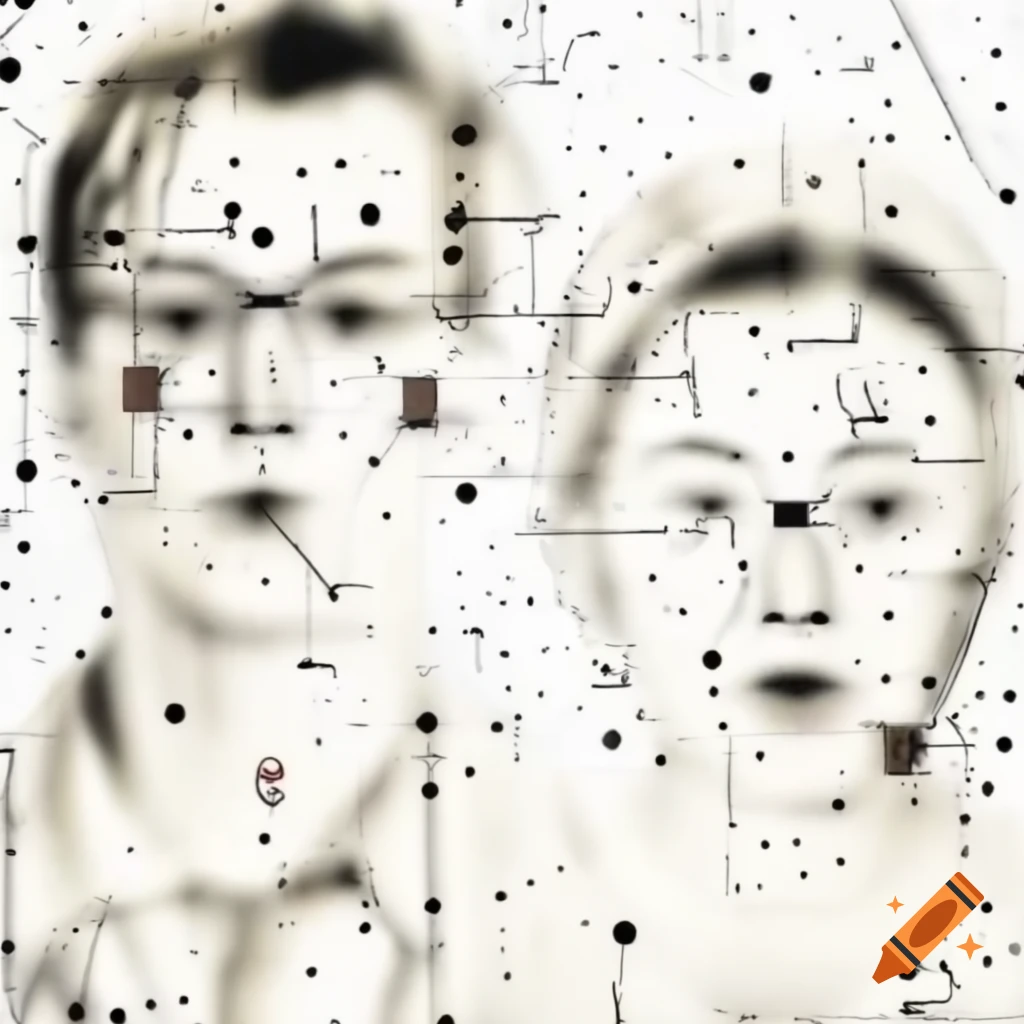 Abstract line drawing of two sarcastic figures in Mondrian and Pollock style