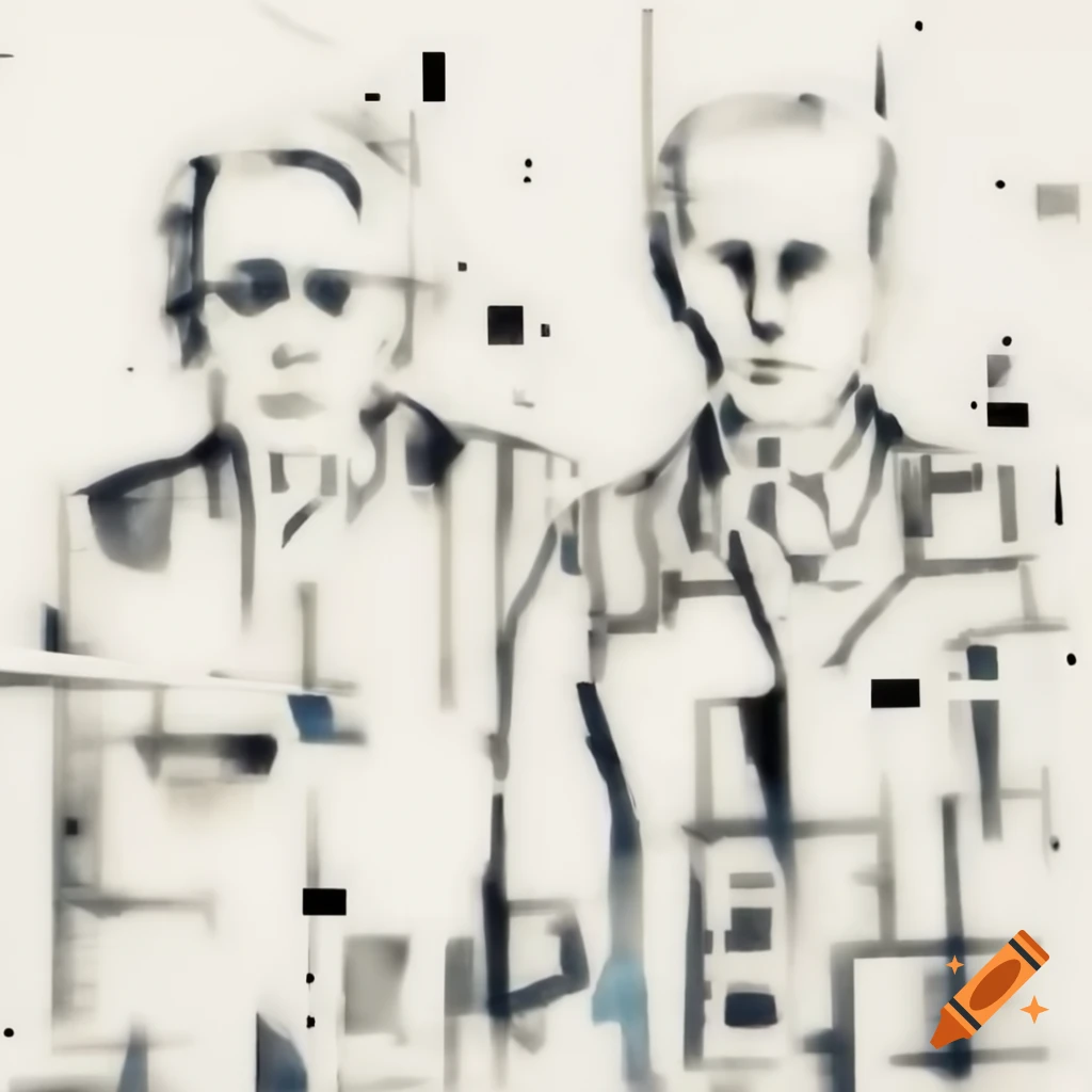 Abstract line drawing of two sarcastic figures in Mondrian and Pollock style