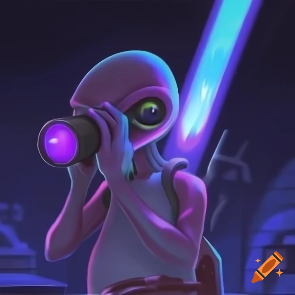 Anthropomorphic alien with binoculars and colorful light beams, sci-fi sketch