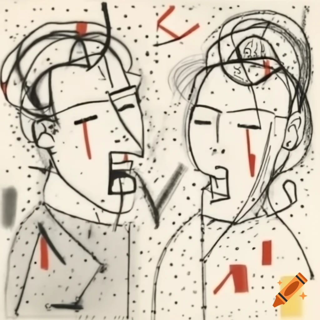 Abstract line drawing of two laughing profiles in Mondrian and Pollock style
