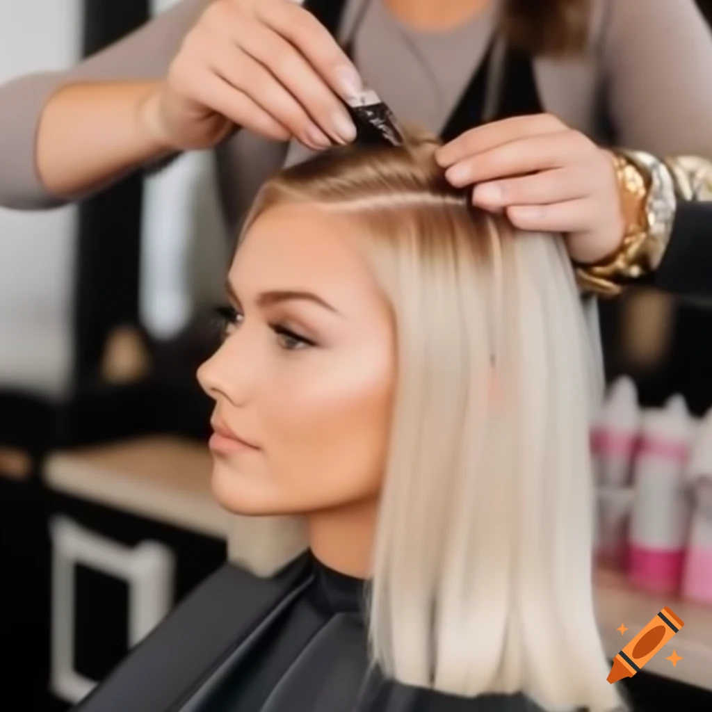 Woman with high ponytail at hairdresser, head being shaved