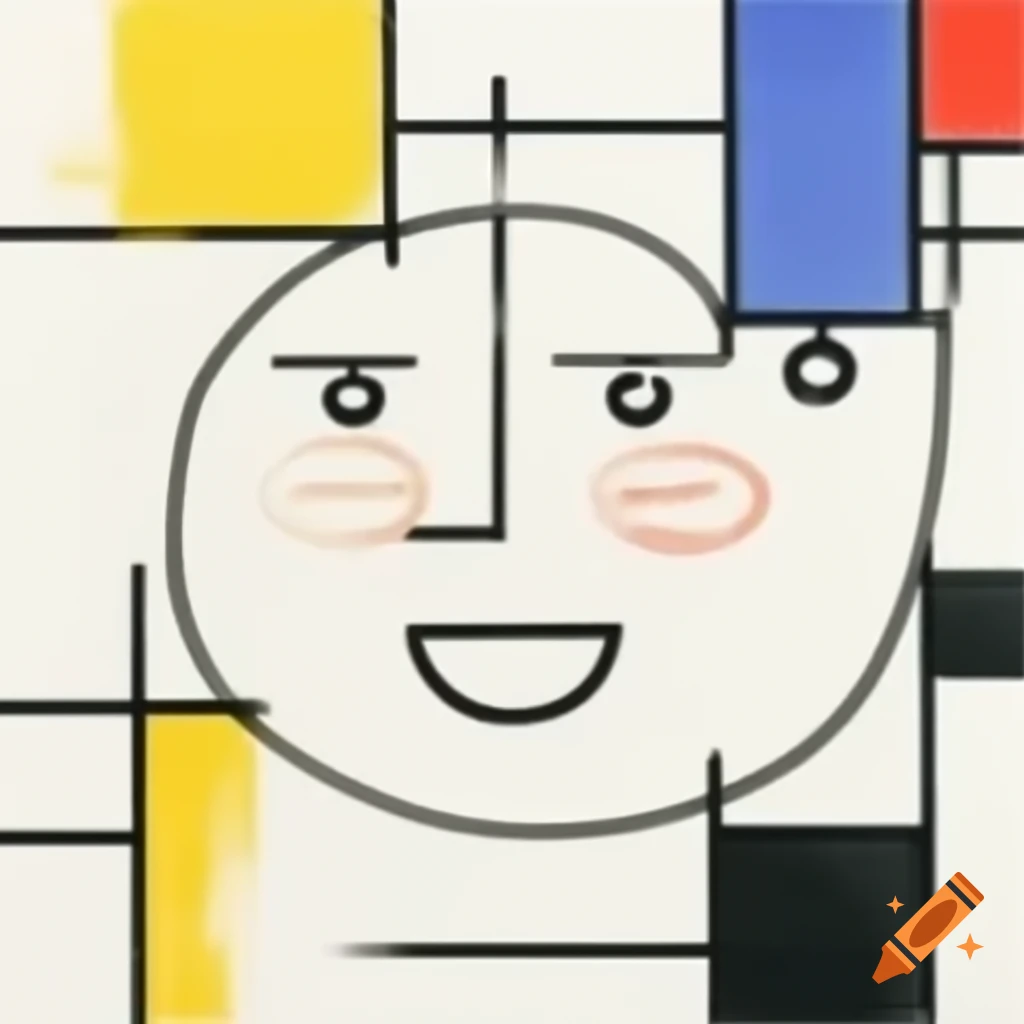 Abstract line drawing of a laughing face with geometric curves in primary colors