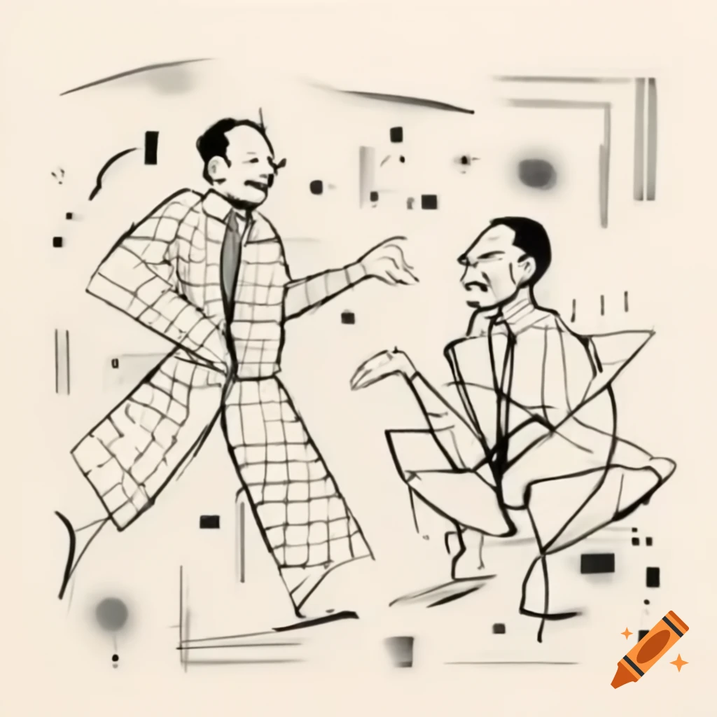 Abstract line drawing of two men's profiles with beaks laughing, featuring geometric curves and vibrant colors