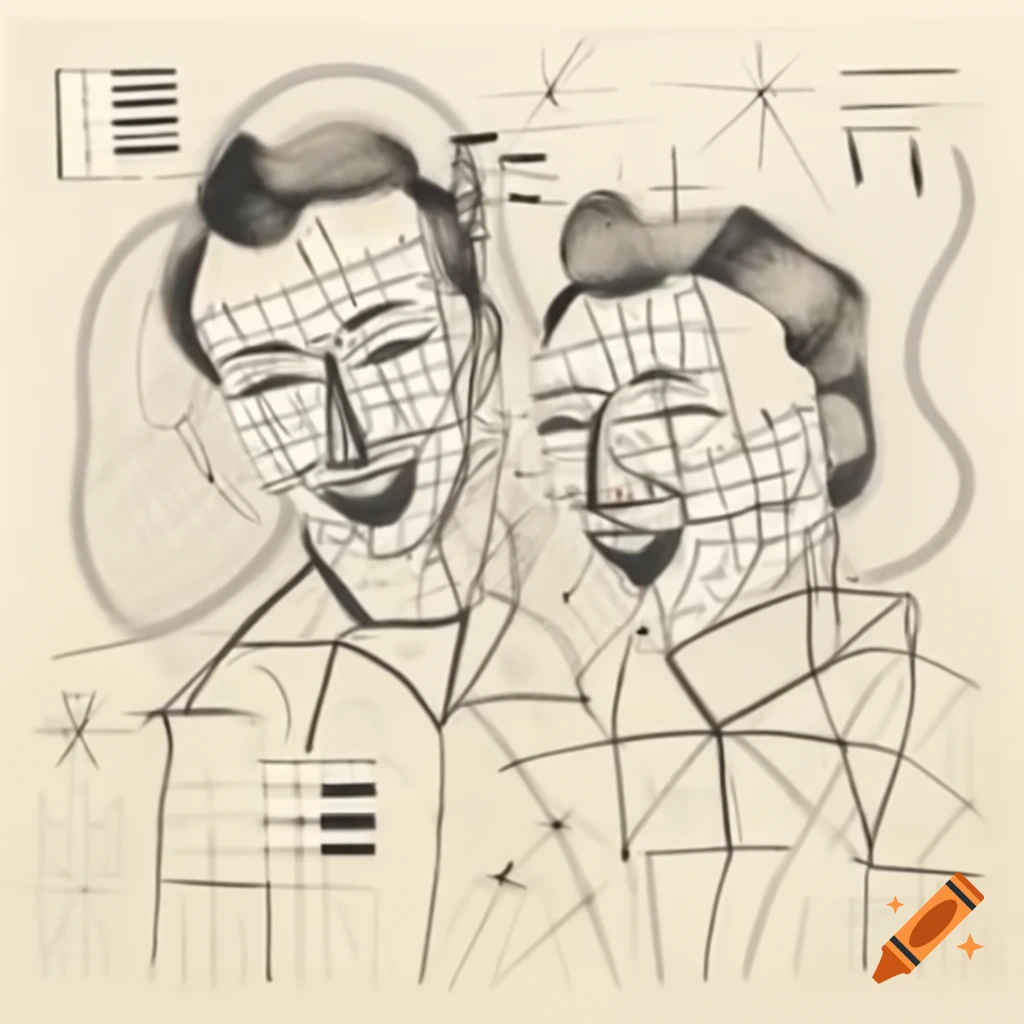 Abstract line drawing of two profiles laughing with geometric curves and watercolor