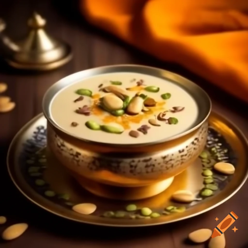 Hyper-realistic sweet potato kheer in brass bowl garnished with nuts