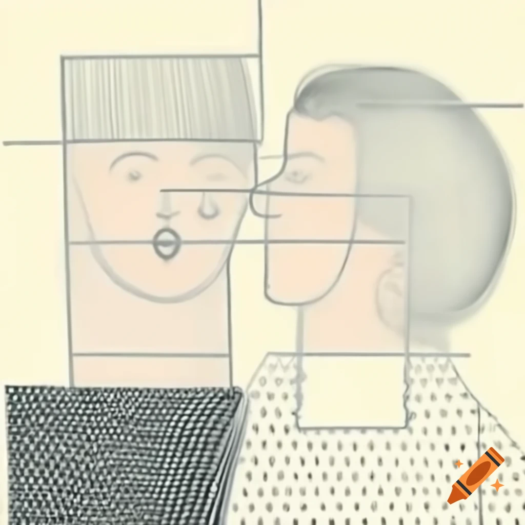 Abstract line drawing of two laughing profiles in Mondrian and matrix style