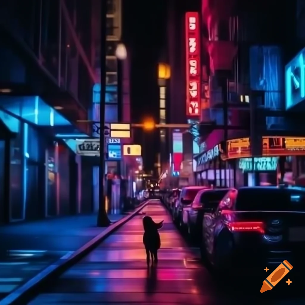 Cat walking through New York streets with neon lights at night