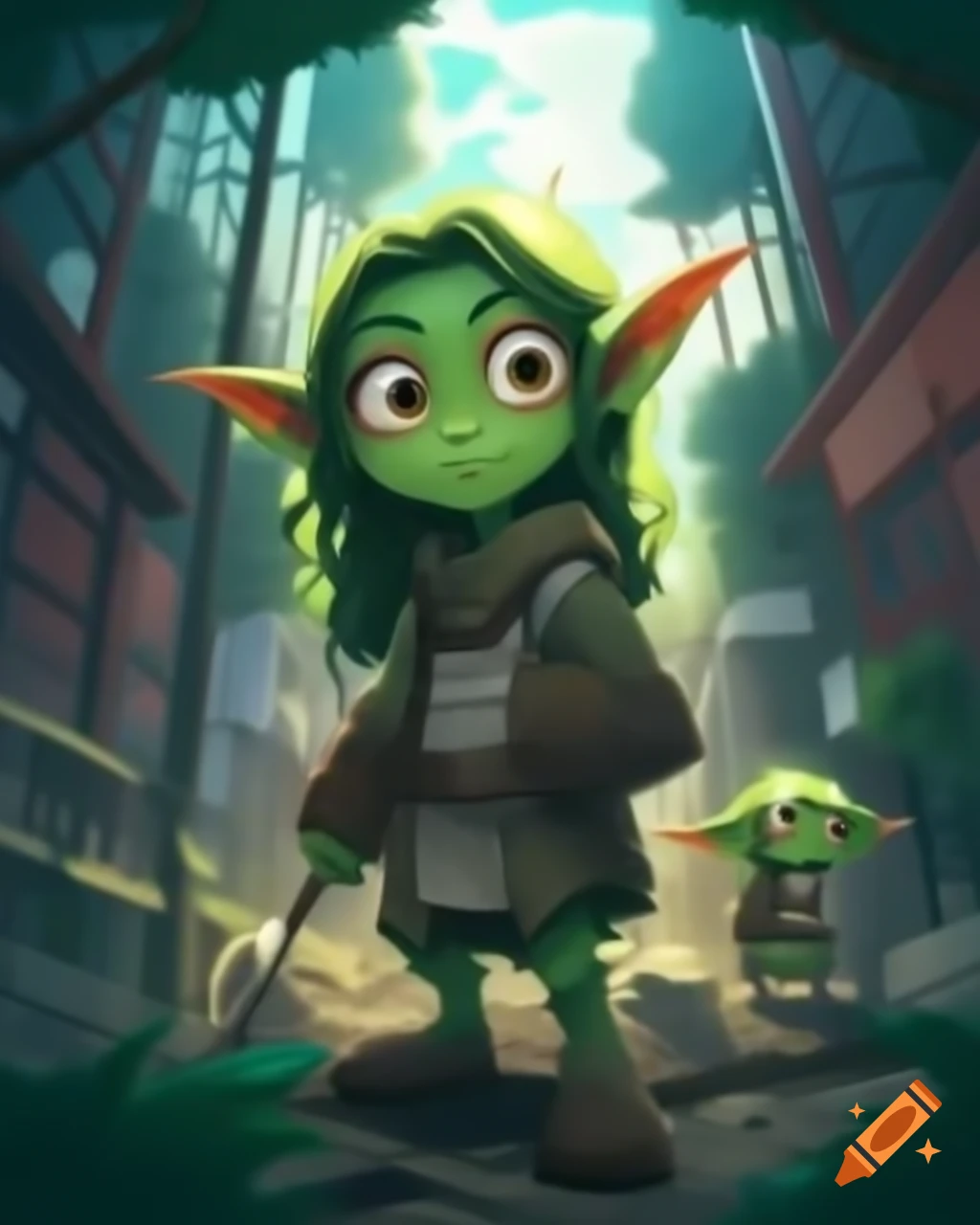 Two green-skinned goblin girls exploring a modern forest city in anime style