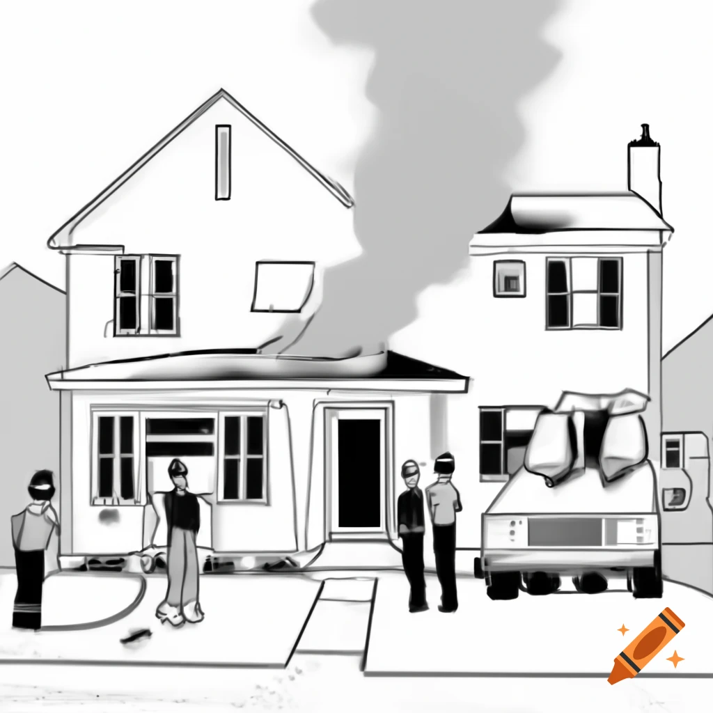 Sequential black and white drawings of a house fire rescue story