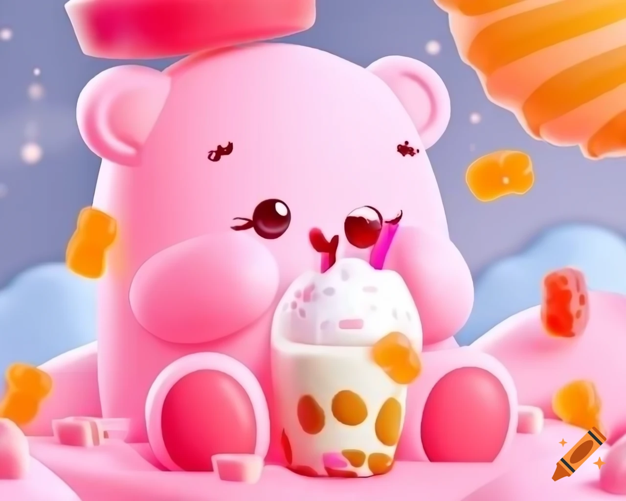 Adorable pastel pink gummy bear sipping milkshake in anime cartoon ...