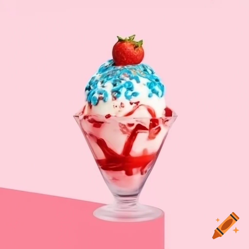 Strawberry ice cream sundae with blue sprinkles and a strawberry