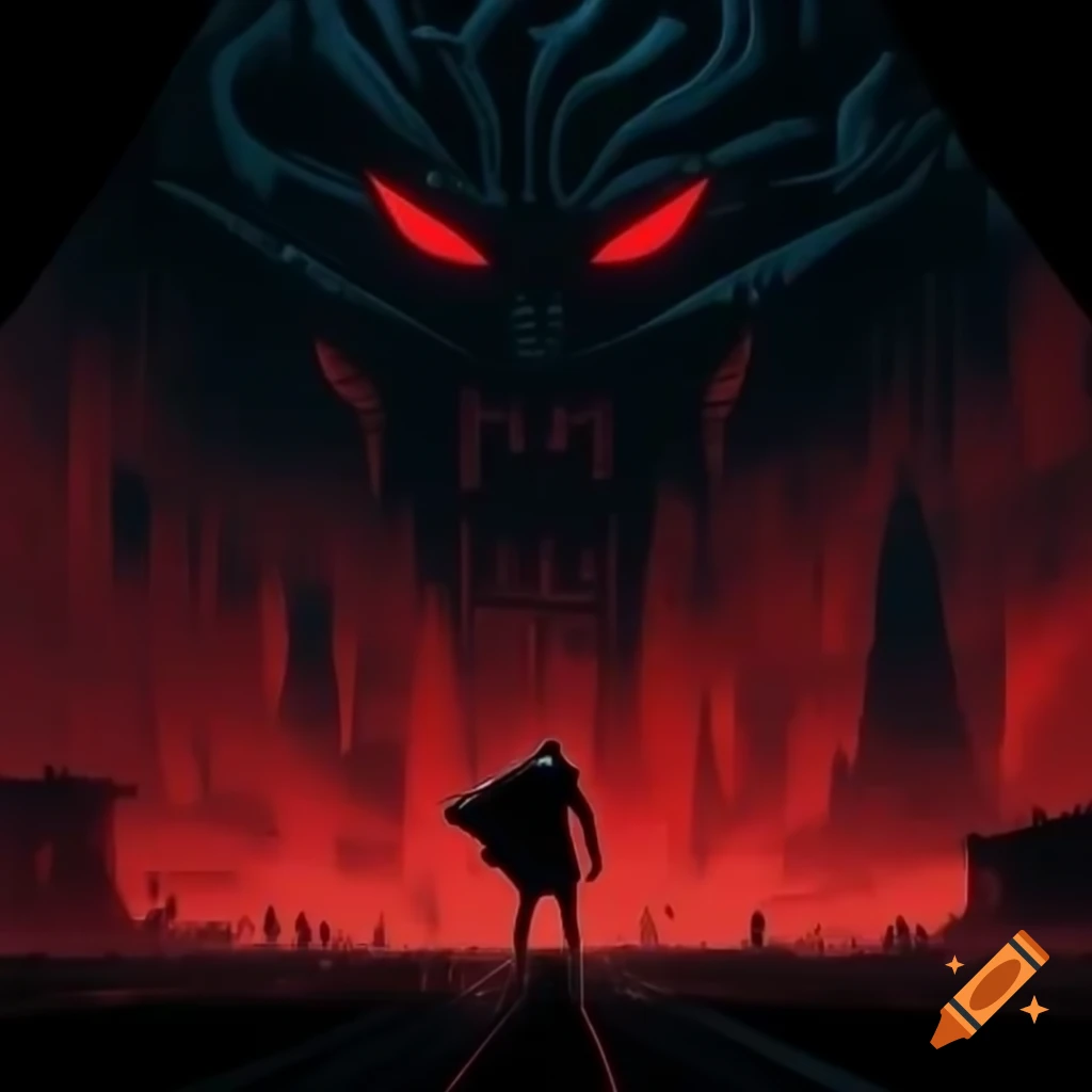 Minimalist movie poster of Dante with sword facing large demon