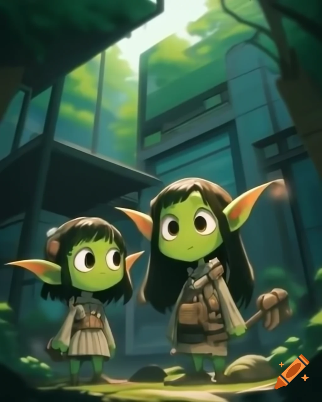 Curious green-skinned goblin girls exploring modern forest city in anime style