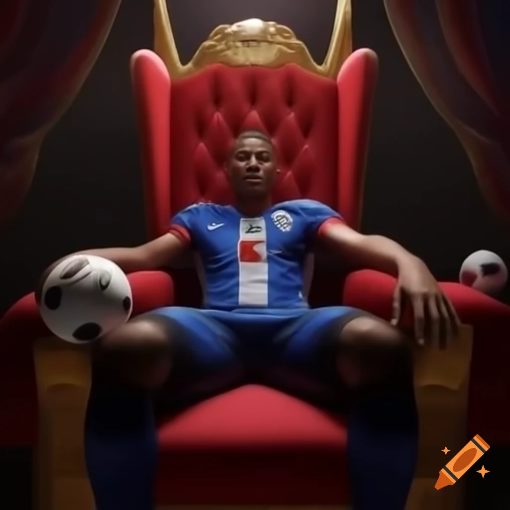 Football player seated on king chair holding ball with teammates behind, text PASAPASA FC