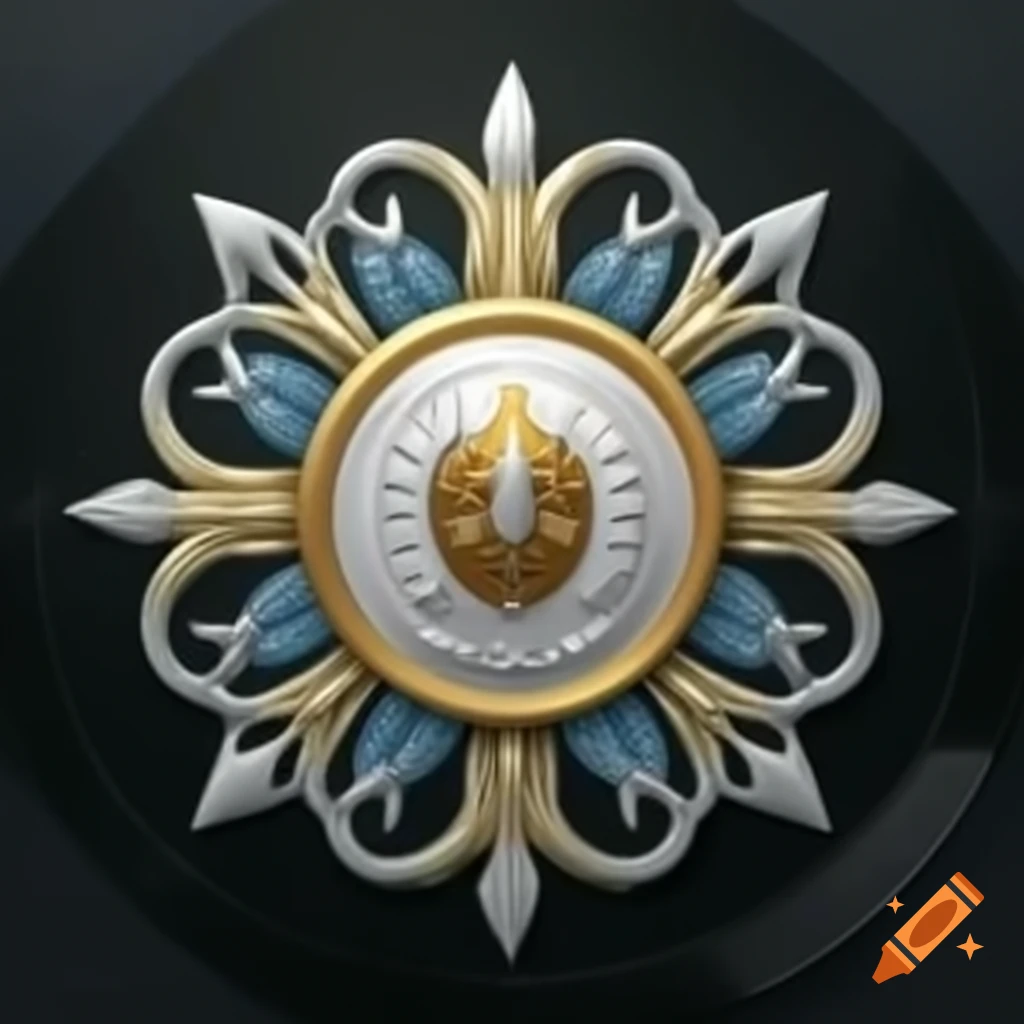 Emblem design featuring white lotus with golden/silver halo and Greek motto in light blue
