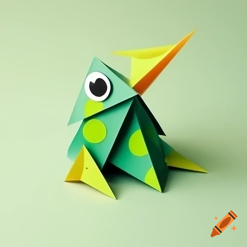 Bright lime-green origami frog and light blue origami parrot with yellow wing