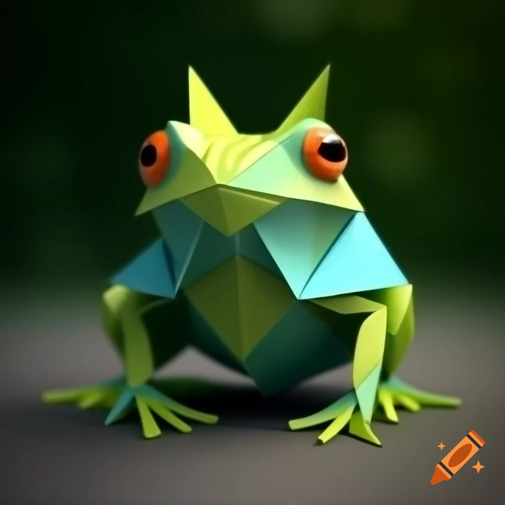 Bright lime-green origami frog and light blue origami parrot with yellow wing
