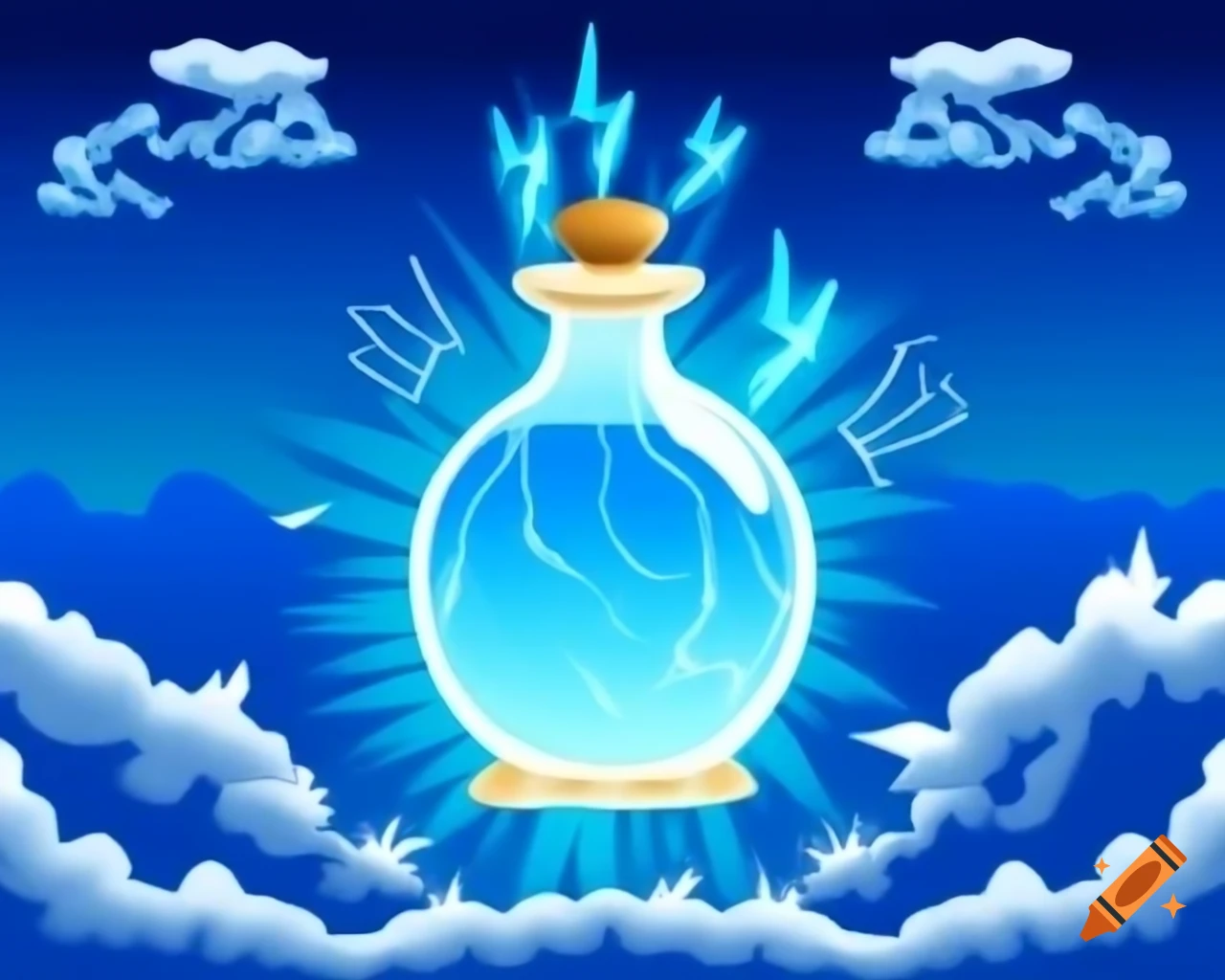Blue mana potion with lightning and clouds, inspired by Greek priestess