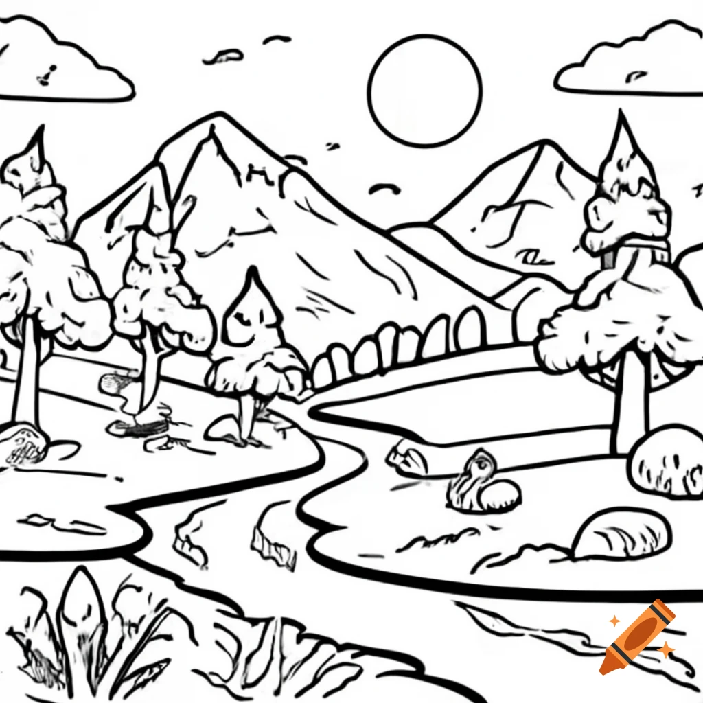 Black and white mountain landscape for children's coloring book on Craiyon