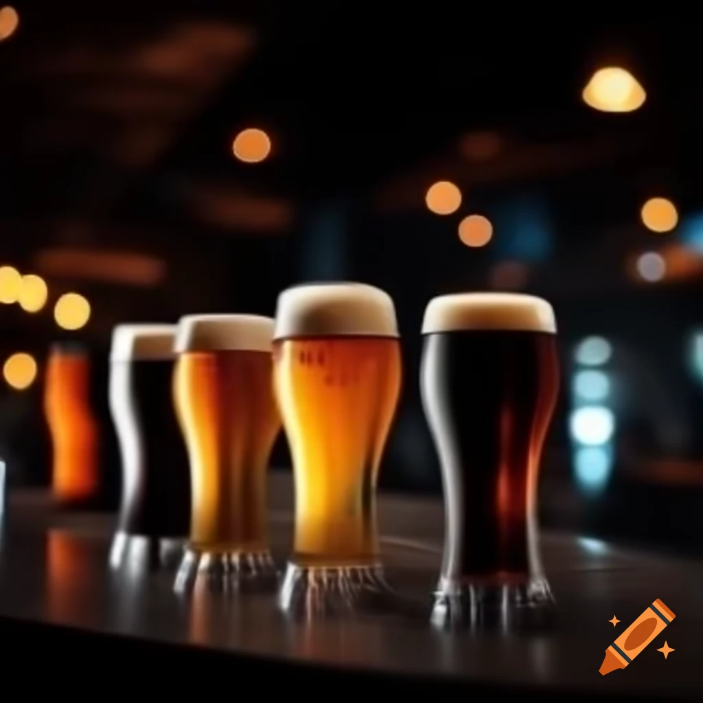 Four different beers lined up against a dark background with lights and blur effects
