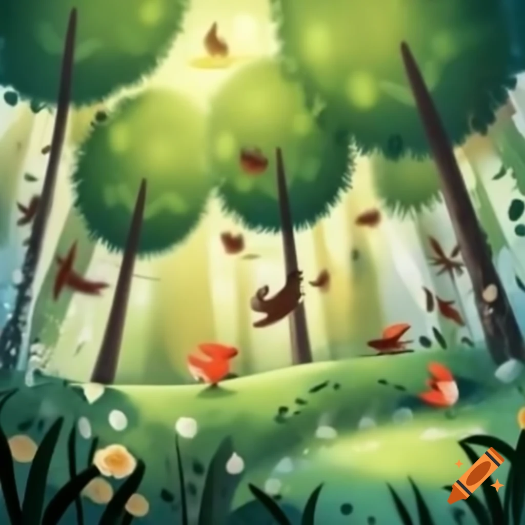 Sunny forest filled with trees, flowers, and chirping birds
