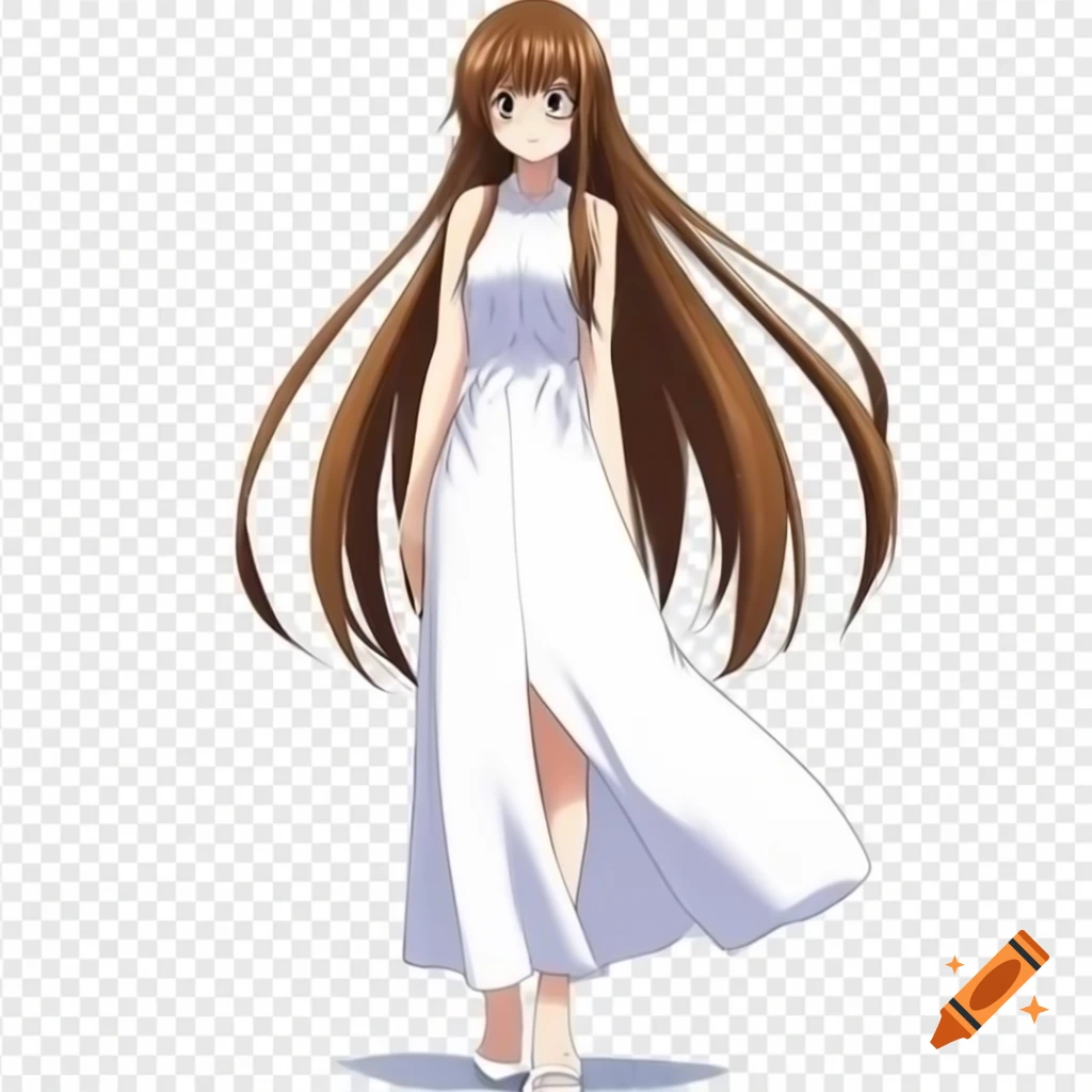 Anime girl with long brown hair in white maxi dress and heels on Craiyon