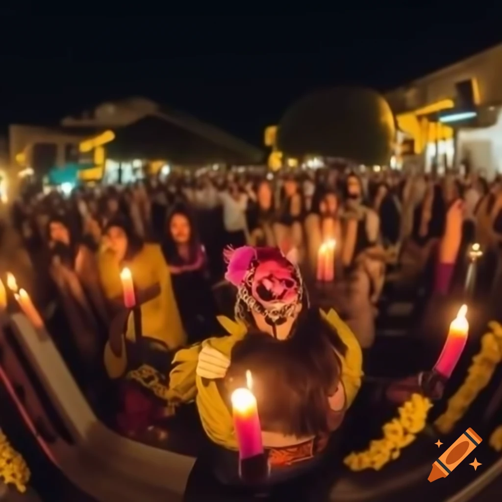 Vibrant D3 de los Muertos celebration with dancing, marigolds, and colorful attire