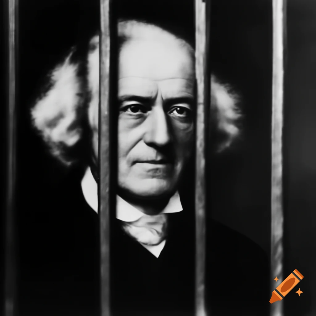 Immanuel Kant depicted in jail behind bars, displaying sweat