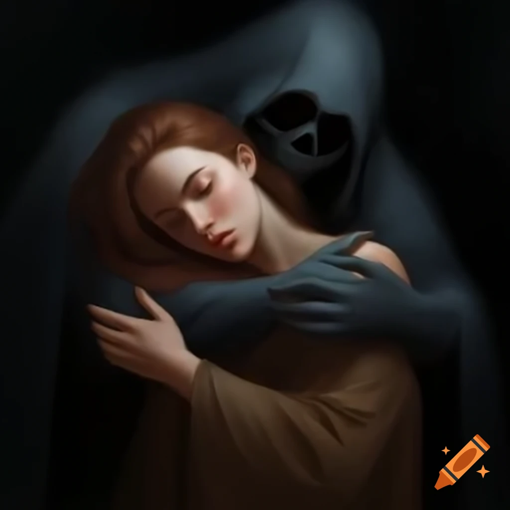 Lifelike oil painting of woman embraced by shadowy figure, symbolizing inner courage