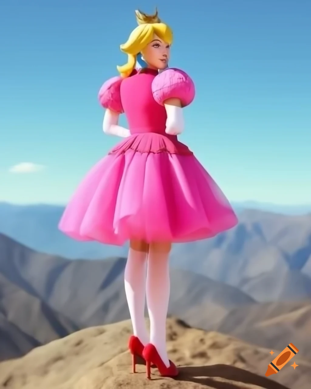 Link dressed as Princess Peach in pink ballgown on mountain top, high quality