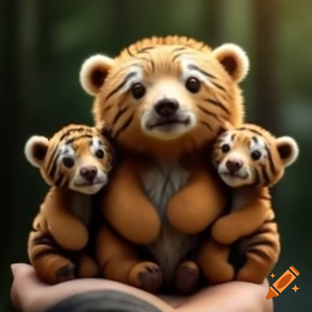 Cute bear with tiger cubs