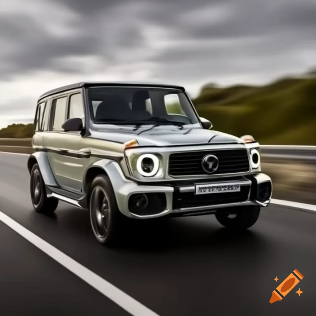 Small Kia car driving fast on highway surrounded by G-Class Mercedes cars